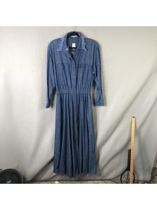 Hairston Roberson Dresses & Skirts - Western Denim Dress Womens L Blue Maxi Crochet Collar Boho Farmhouse Modest